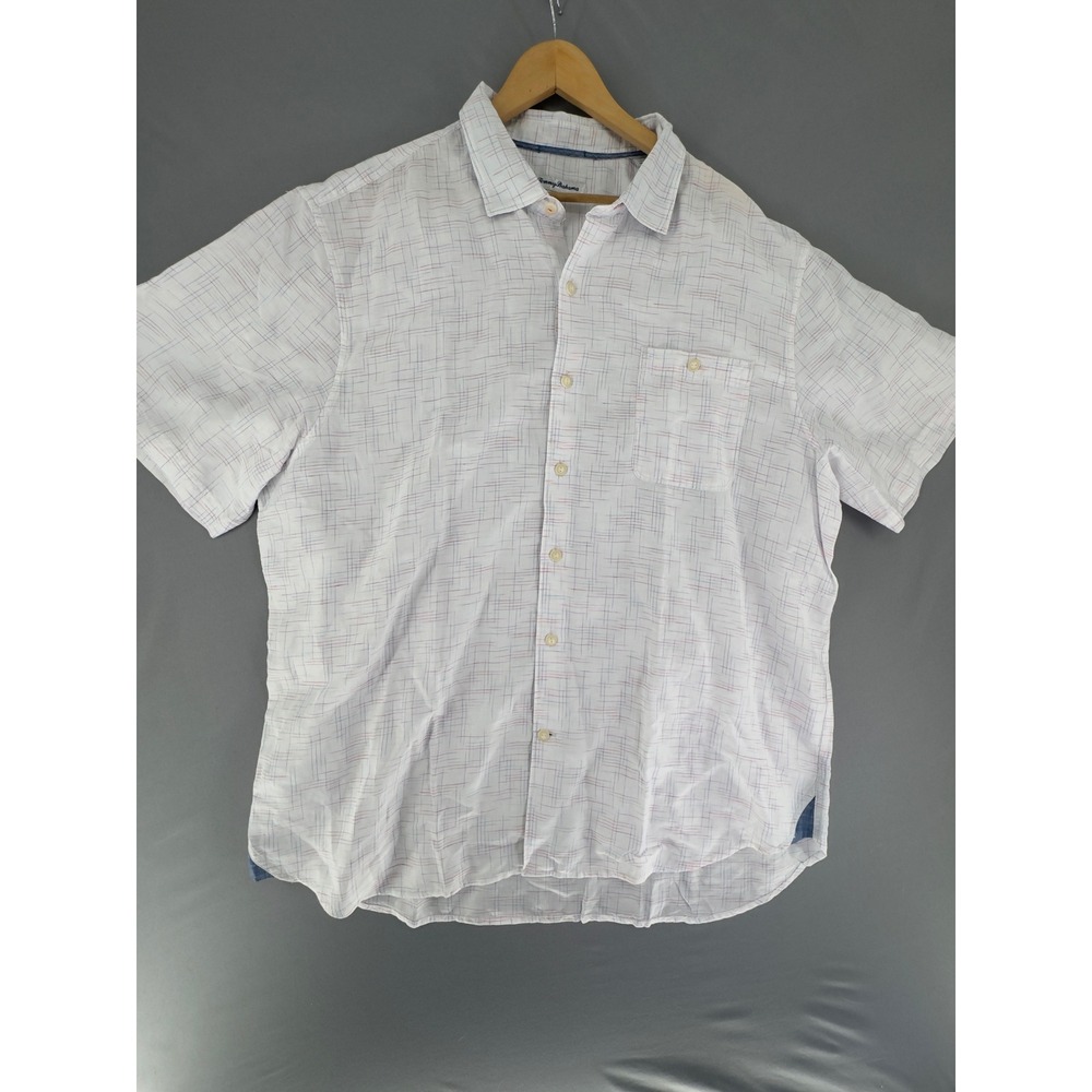 Tommy Bahama Mens XXL White Linen Tencel Grid Short Sleeve Button Front Shirt